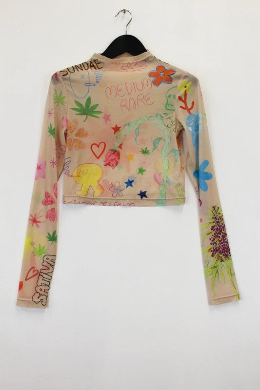 Sundae School Doodle Mesh Long Sleeve Top XS