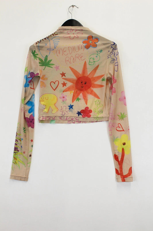 Sundae School Doodle Mesh Long Sleeve Top XS