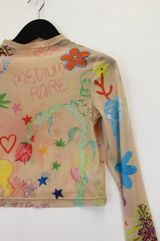 Sundae School Doodle Mesh Long Sleeve Top XS
