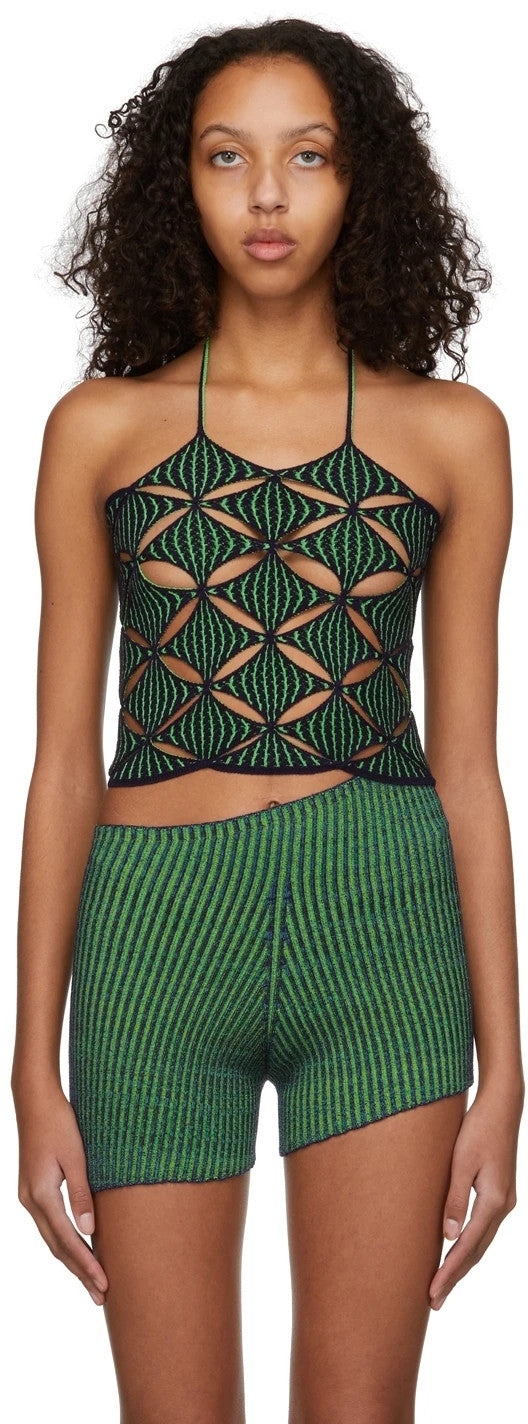 Isa Boulder Navy & Green Argyle Knit Tank Top - Halter Neck