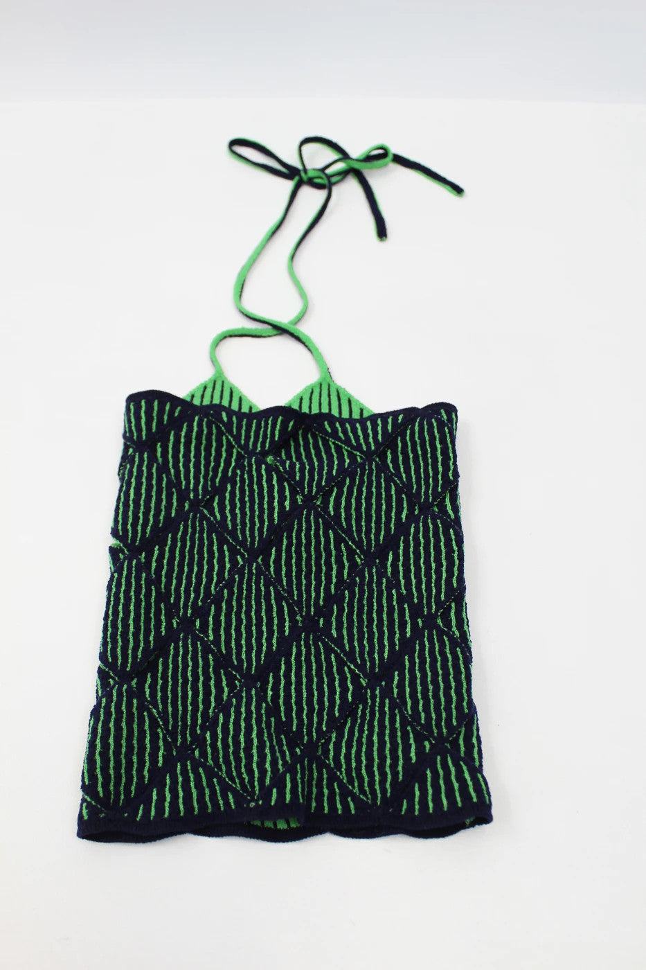 Isa Boulder Navy & Green Argyle Knit Tank Top - Halter Neck
