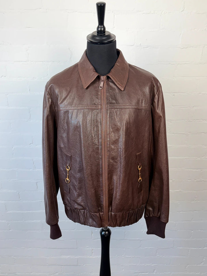 BNWT Gucci Horsebit Brown Lambskin Leather Bomber Jacket XL