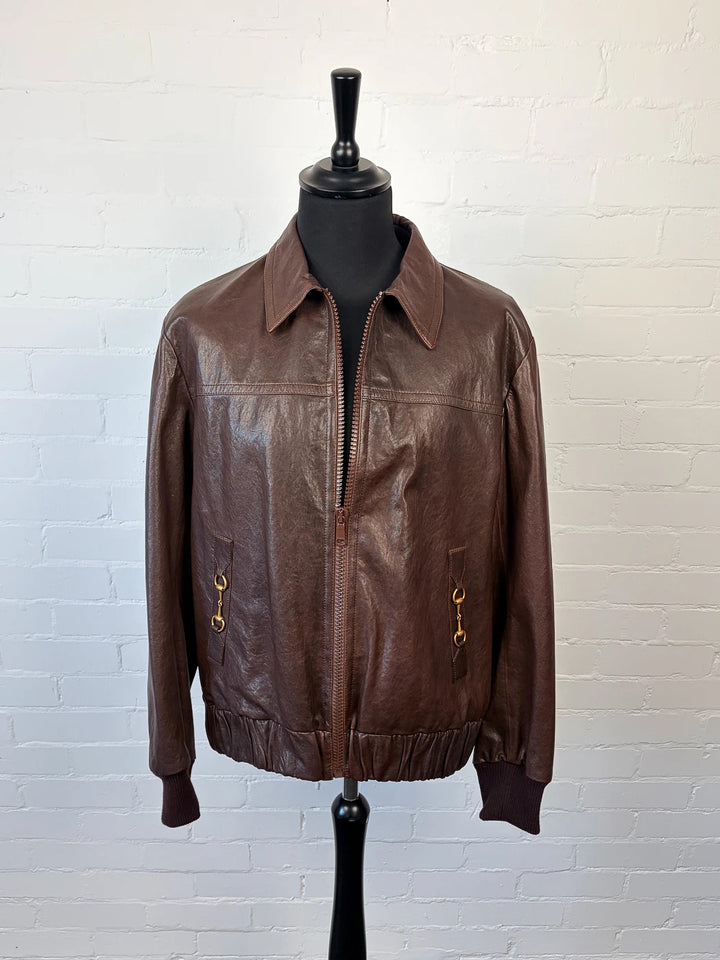 BNWT Gucci Horsebit Brown Lambskin Leather Bomber Jacket XL