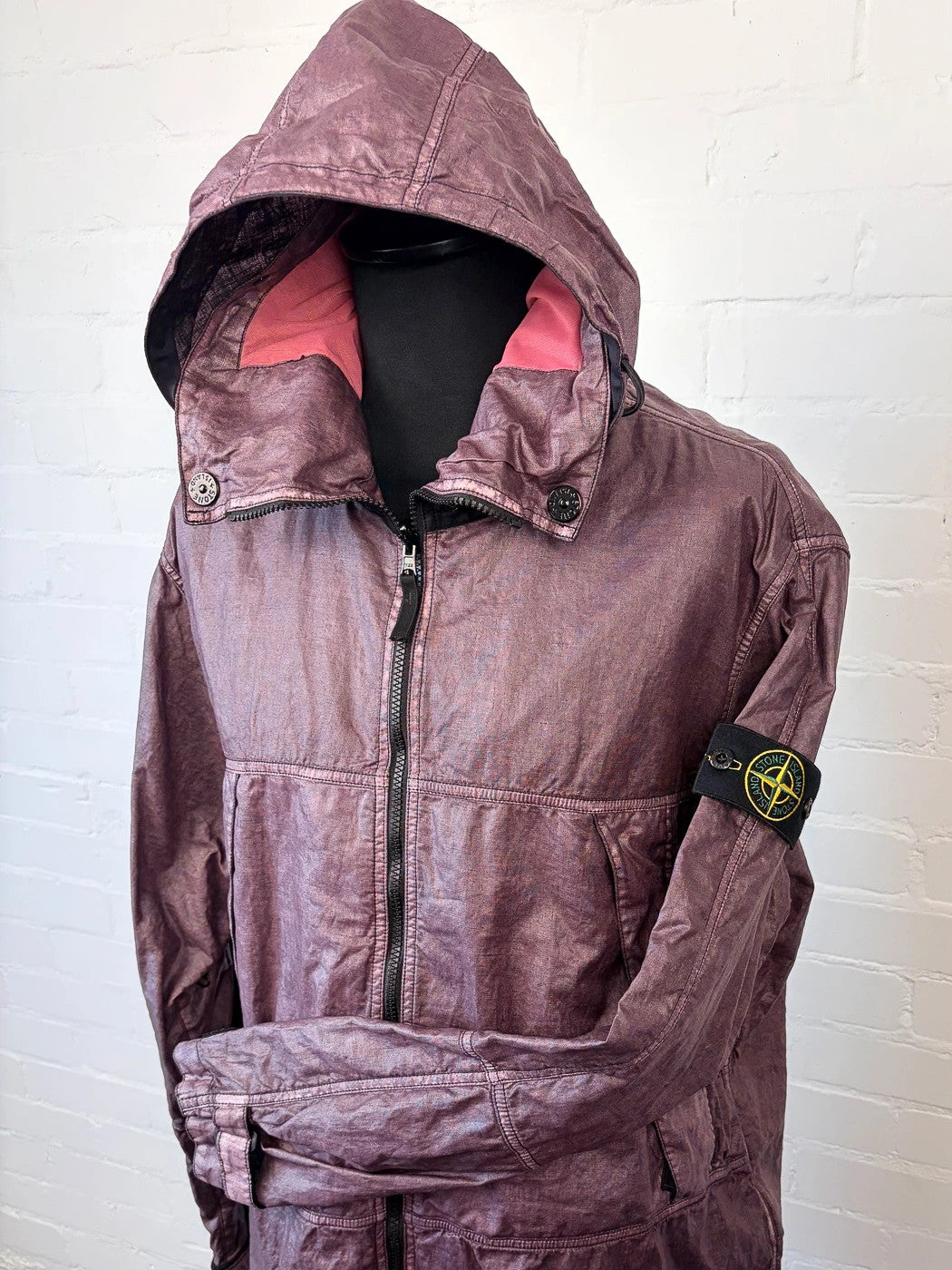 Stone Island Raw Linen Plated-OVD Short Parka - Dark Burgundy - XL