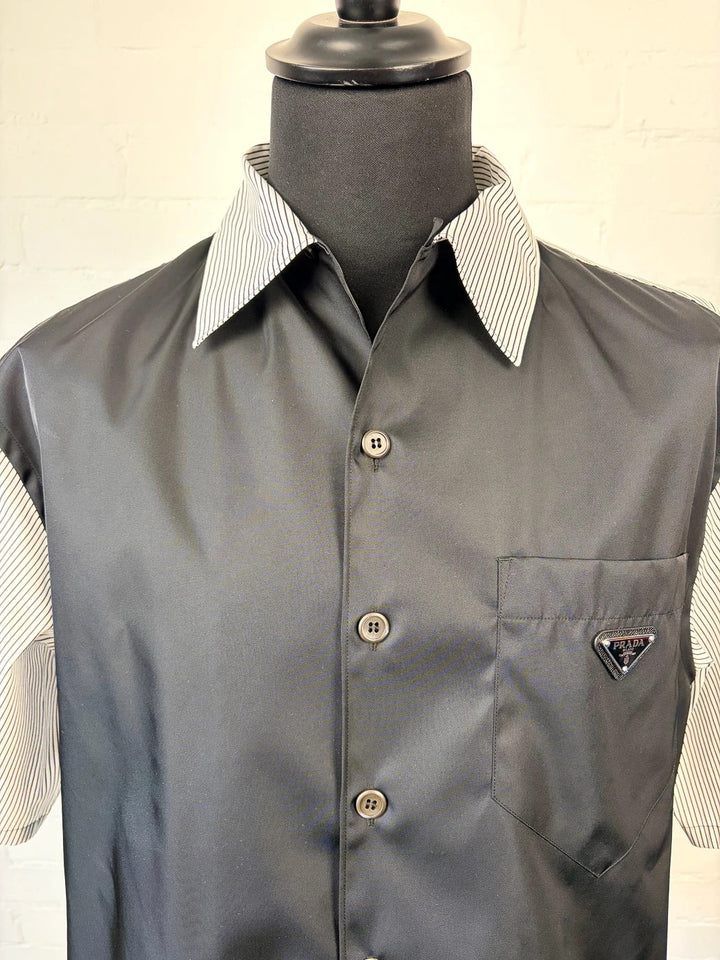Prada Stretch Cotton & Re-Nylon Hybrid Shirt - Black/White XL