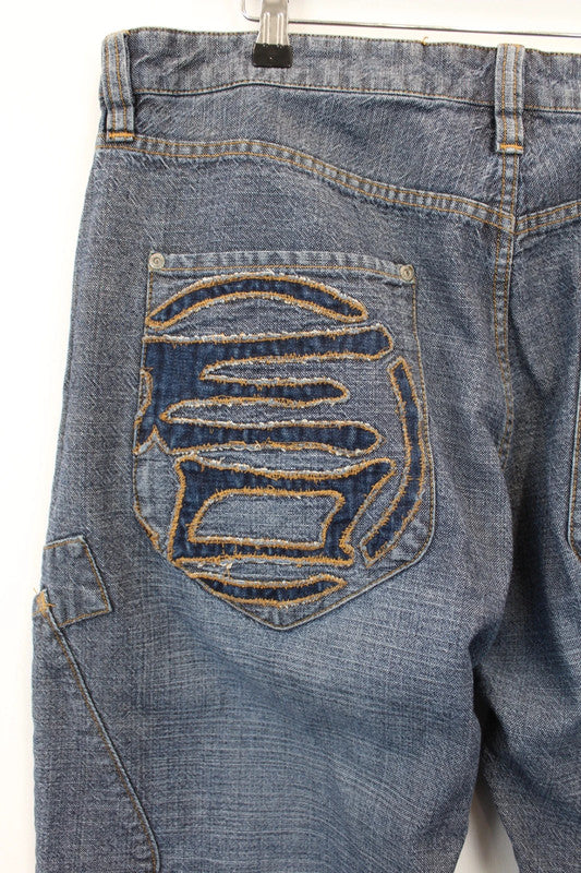 Vintage Etienne Ozeki Japanese Skater Jeans Blue Baggy Y2K Embroidered W36"