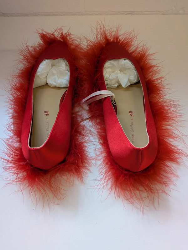 Simone Rocha x H&M Red Feather Satin Pointed Ballet Flats Pumps New Box EU37 UK4