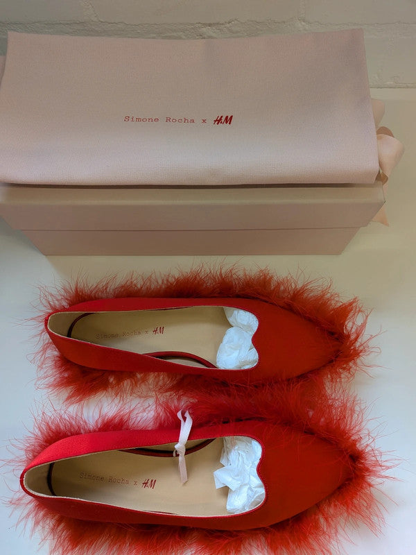 Simone Rocha x H&M Red Feather Satin Pointed Ballet Flats Pumps New Box EU37 UK4