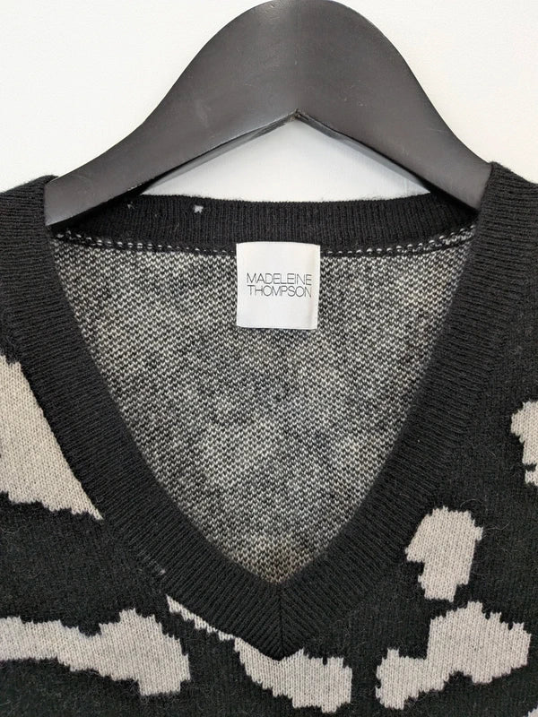 Madeleine Thompson Black White Leopard Print Cashmere Knit V-Neck Sweater Vest