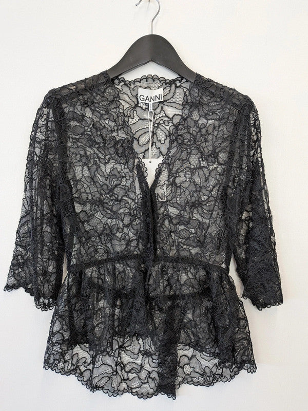 GANNI Light Lace V-Neck Blouse Black Sheer Short Sleeve Top