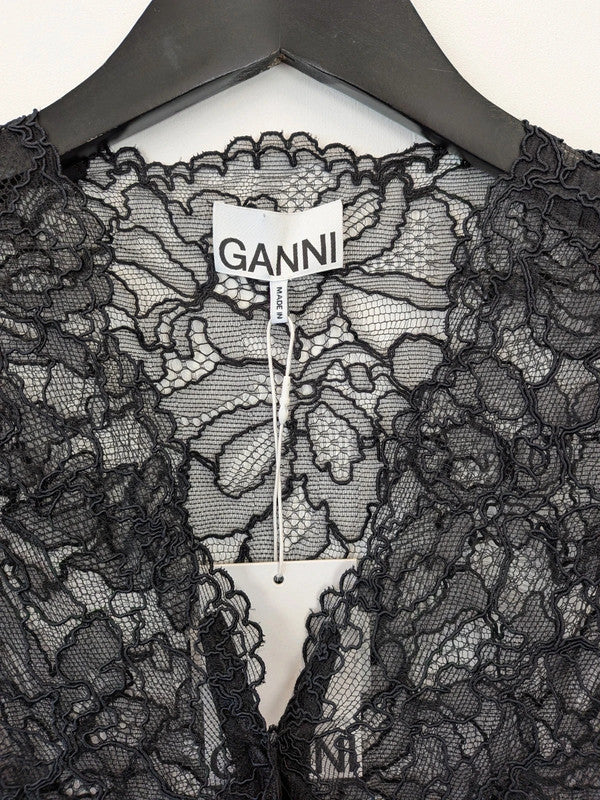 GANNI Light Lace V-Neck Blouse Black Sheer Short Sleeve Top