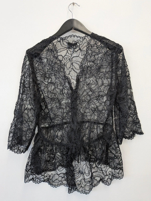 GANNI Light Lace V-Neck Blouse Black Sheer Short Sleeve Top