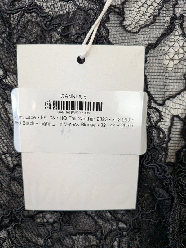 GANNI Light Lace V-Neck Blouse Black Sheer Short Sleeve Top