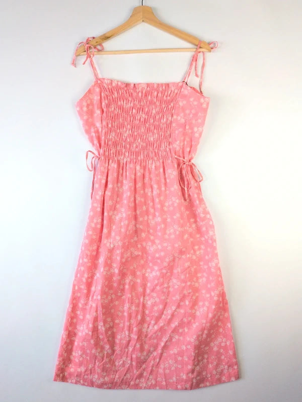Pink Ditsy Floral Smocked Tie Strap Midi Sundress IT44 / UK12