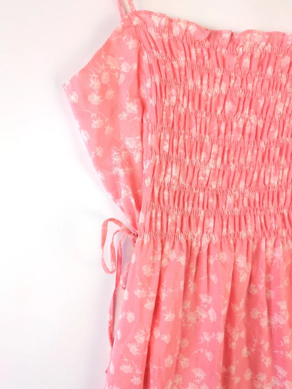 Pink Ditsy Floral Smocked Tie Strap Midi Sundress IT44 / UK12