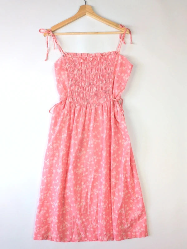 Pink Ditsy Floral Smocked Tie Strap Midi Sundress IT44 / UK12