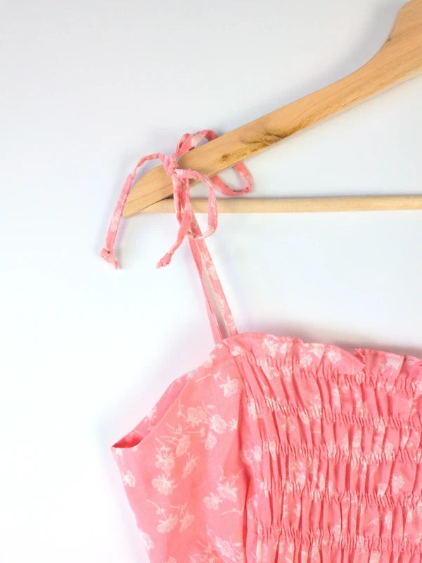 Pink Ditsy Floral Smocked Tie Strap Midi Sundress IT44 / UK12