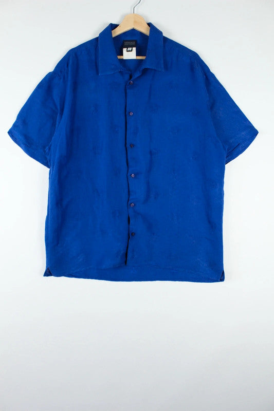 Vintage Versace Royal Cobalt Blue Monogram Logo Short Sleeve Button Up Shirt