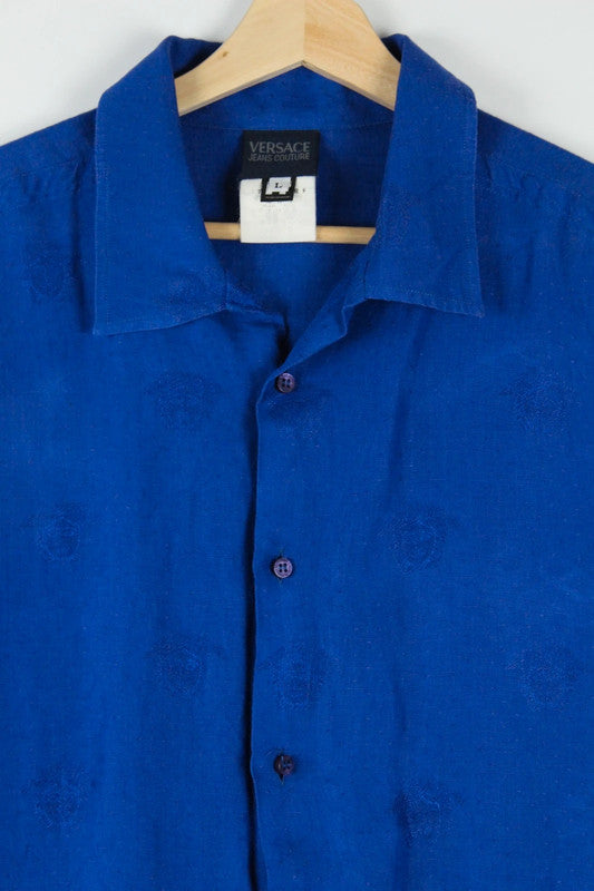 Vintage Versace Royal Cobalt Blue Monogram Logo Short Sleeve Button Up Shirt