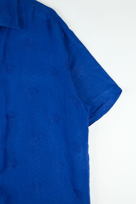 Vintage Versace Royal Cobalt Blue Monogram Logo Short Sleeve Button Up Shirt