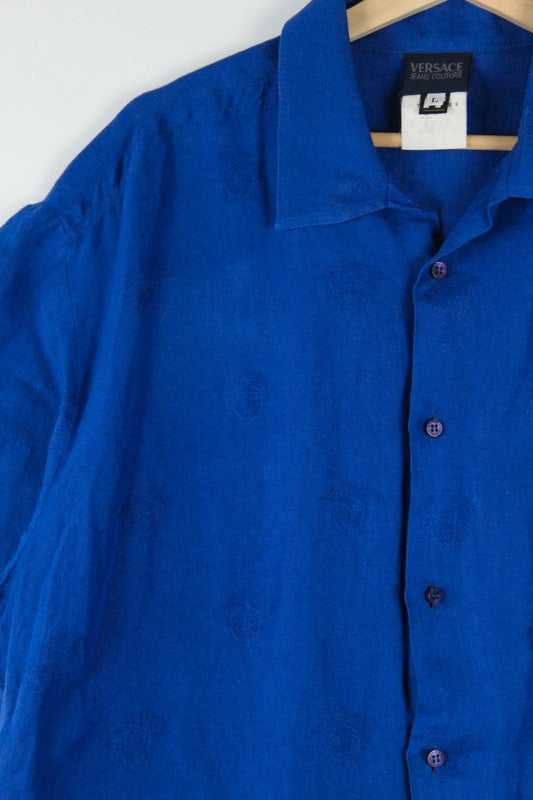 Vintage Versace Royal Cobalt Blue Monogram Logo Short Sleeve Button Up Shirt
