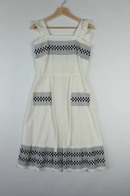 Vintage White Cotton Square Neck Embroidered Cross Stitch A Line Midi Sundress