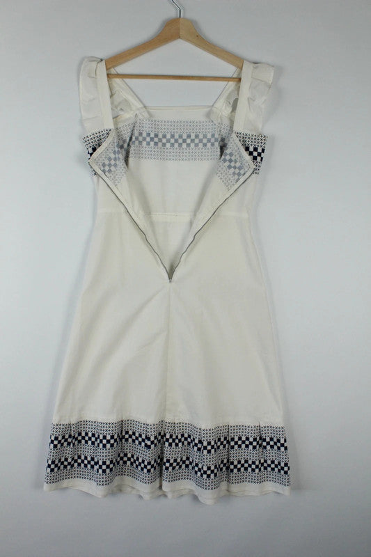 Vintage White Cotton Square Neck Embroidered Cross Stitch A Line Midi Sundress