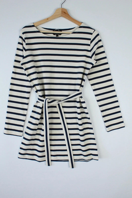 APC Breton Navy Blue Cream Horizontal Stripe Heavy Cotton Belted Mini Dress | Small