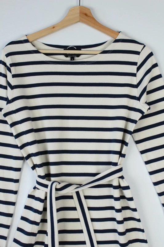 APC Breton Navy Blue Cream Horizontal Stripe Heavy Cotton Belted Mini Dress | Small