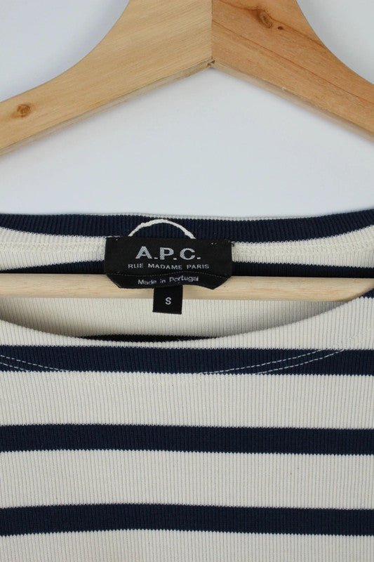 APC Breton Navy Blue Cream Horizontal Stripe Heavy Cotton Belted Mini Dress | Small