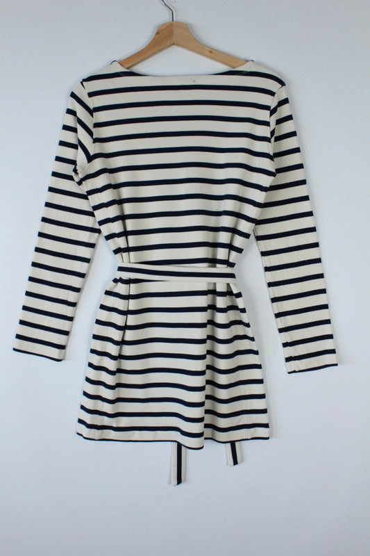 APC Breton Navy Blue Cream Horizontal Stripe Heavy Cotton Belted Mini Dress | Small