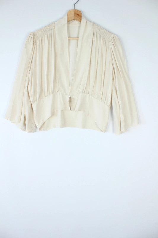 Vintage Cream Silk Cropped Smocked Shoulder Blouse Top | Medium