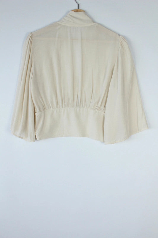 Vintage Cream Silk Cropped Smocked Shoulder Blouse Top | Medium