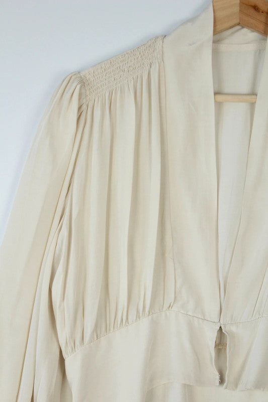 Vintage Cream Silk Cropped Smocked Shoulder Blouse Top | Medium