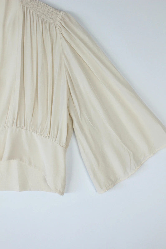 Vintage Cream Silk Cropped Smocked Shoulder Blouse Top | Medium