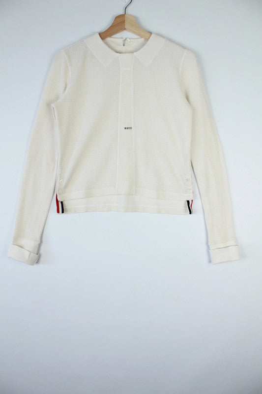 Thom Browne White Merino Wool Tuck Stitch RWB Stripe Polo Cardigan Sweater | Small