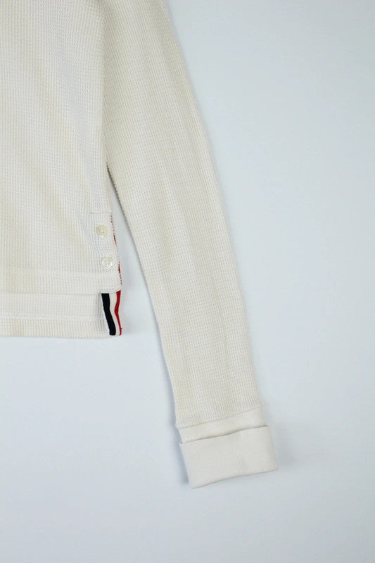 Thom Browne White Merino Wool Tuck Stitch RWB Stripe Polo Cardigan Sweater | Small