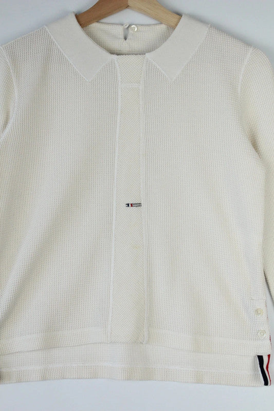Thom Browne White Merino Wool Tuck Stitch RWB Stripe Polo Cardigan Sweater | Small