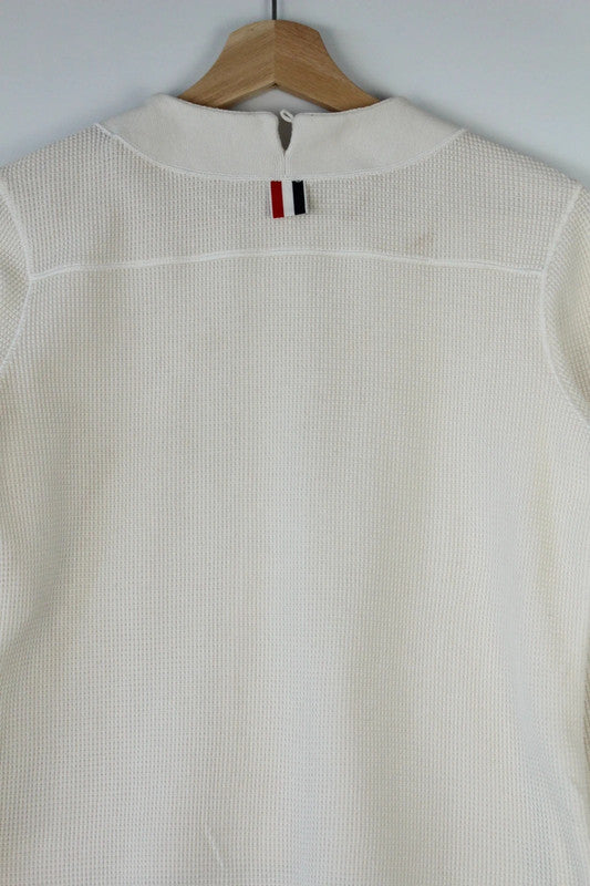 Thom Browne White Merino Wool Tuck Stitch RWB Stripe Polo Cardigan Sweater | Small