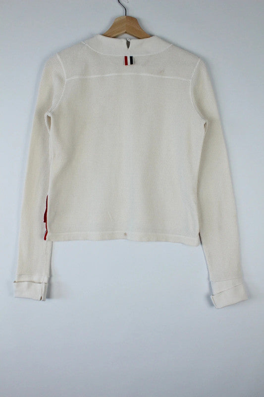 Thom Browne White Merino Wool Tuck Stitch RWB Stripe Polo Cardigan Sweater | Small