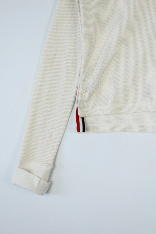 Thom Browne White Merino Wool Tuck Stitch RWB Stripe Polo Cardigan Sweater | Small