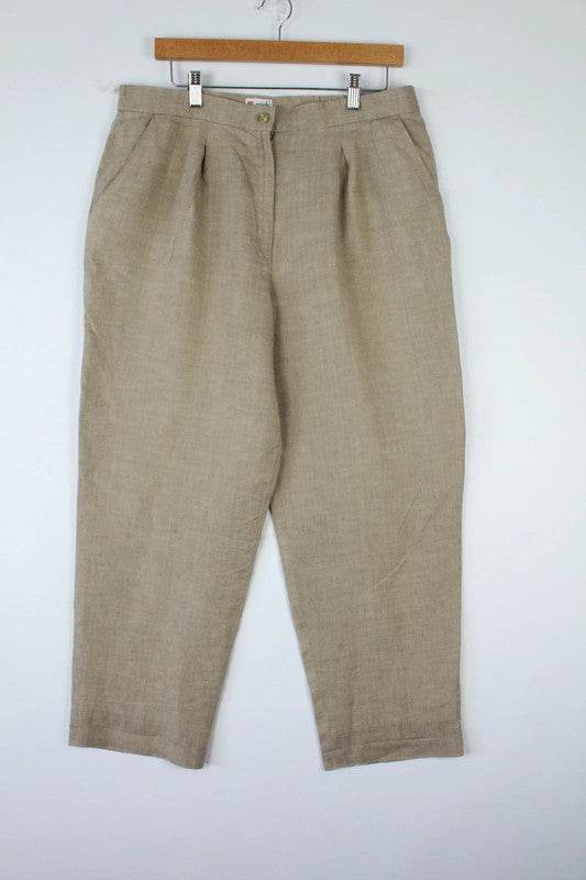 Vintage Beige Oatmeal High Waisted Pleated Pure Linen Tapered Trousers | W34