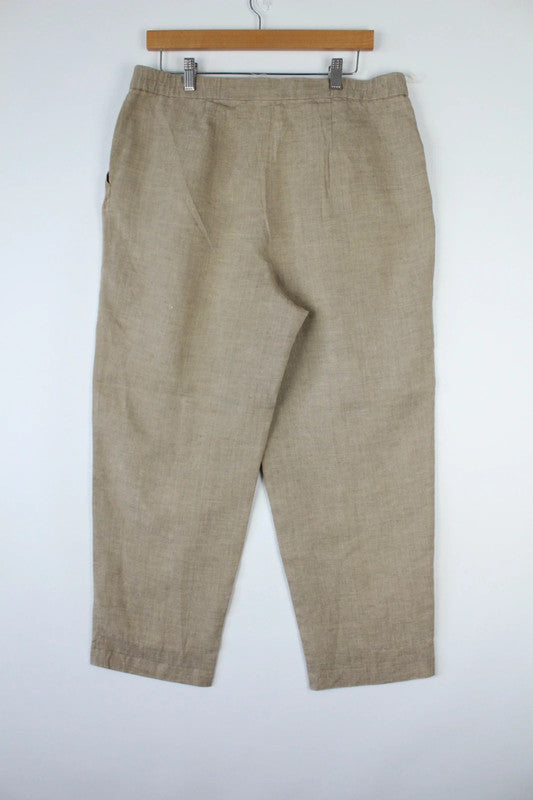 Vintage Beige Oatmeal High Waisted Pleated Pure Linen Tapered Trousers | W34