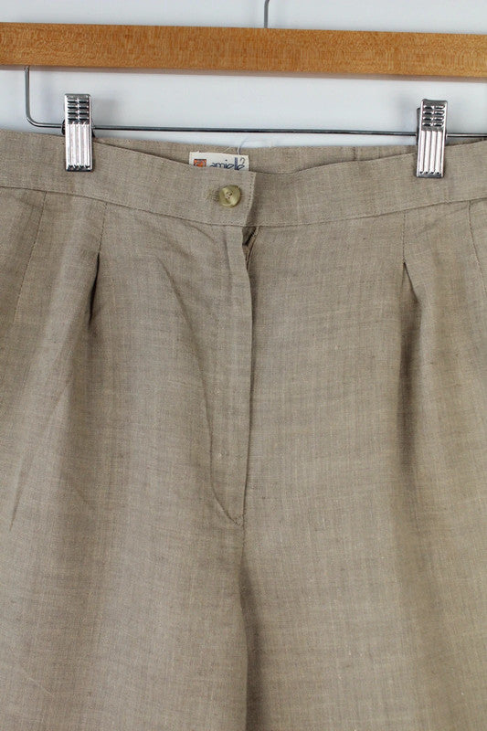 Vintage Beige Oatmeal High Waisted Pleated Pure Linen Tapered Trousers | W34