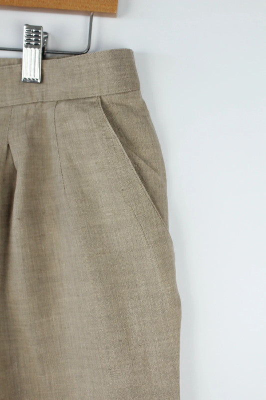 Vintage Beige Oatmeal High Waisted Pleated Pure Linen Tapered Trousers | W34