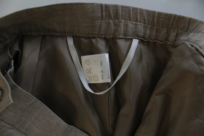 Vintage Beige Oatmeal High Waisted Pleated Pure Linen Tapered Trousers | W34