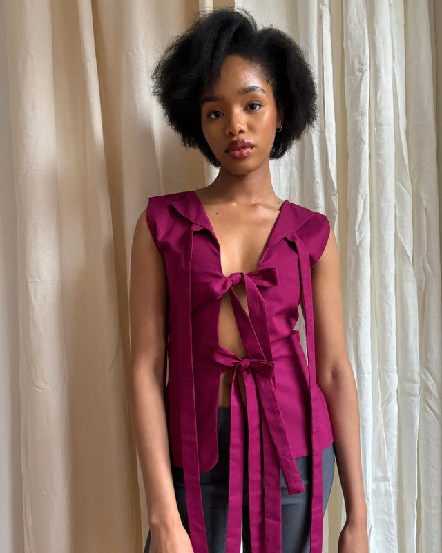 Atelier Tulpe Cherry Pink Magenta Bowtie Tie Front Sleeveless Vest Top | Small