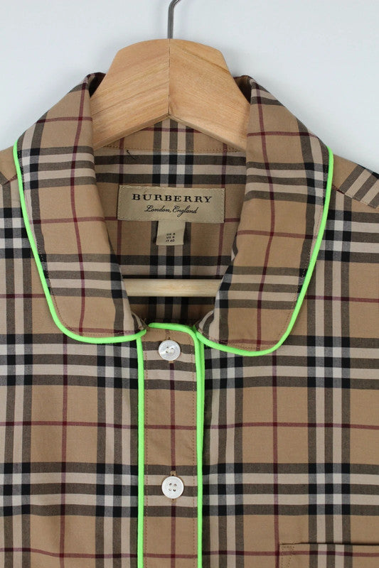 Burberry London Vintage Nova Check Neon Green Fluo Piping Short Sleeve Shirt | UK8