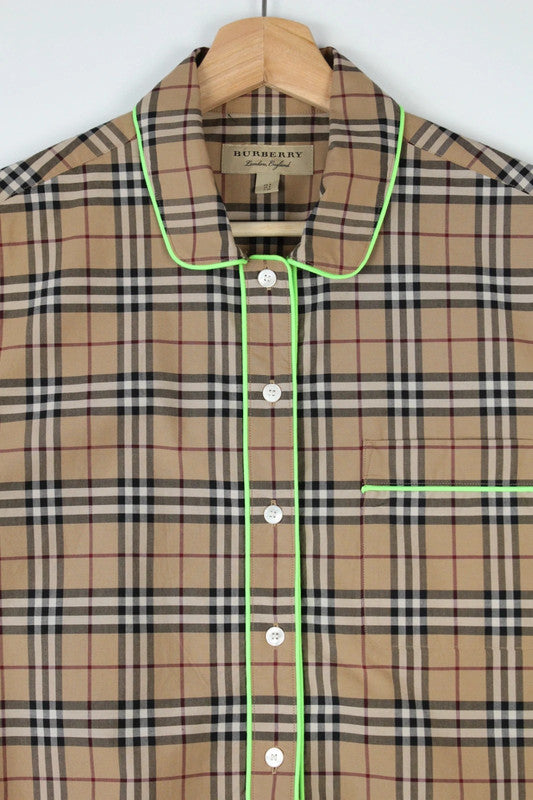 Burberry London Vintage Nova Check Neon Green Fluo Piping Short Sleeve Shirt | UK8