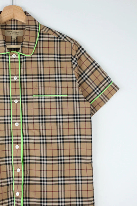 Burberry London Vintage Nova Check Neon Green Fluo Piping Short Sleeve Shirt | UK8